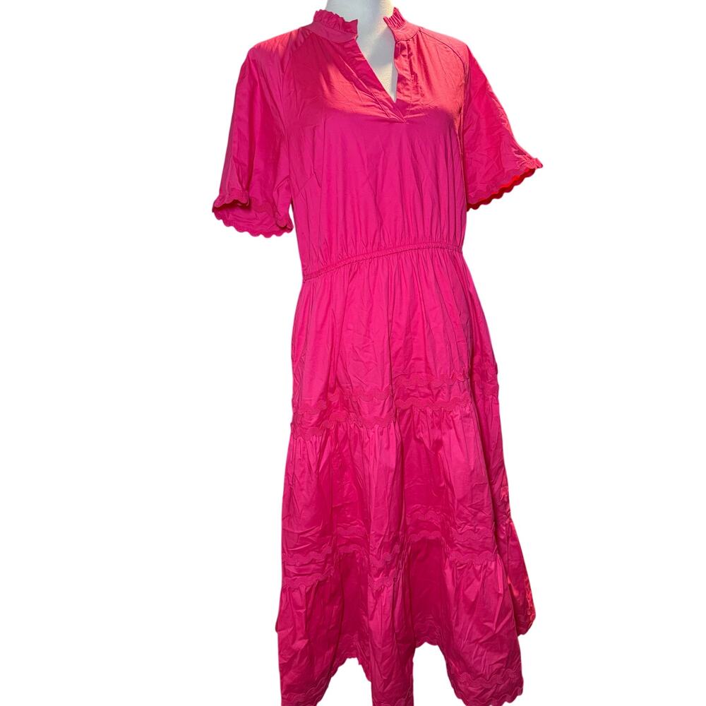 Crown & Ivy Pink Ric Rac Tiered Cotton Midi Dress, Coastal Summer, Size Medium - Picture 10 of 11